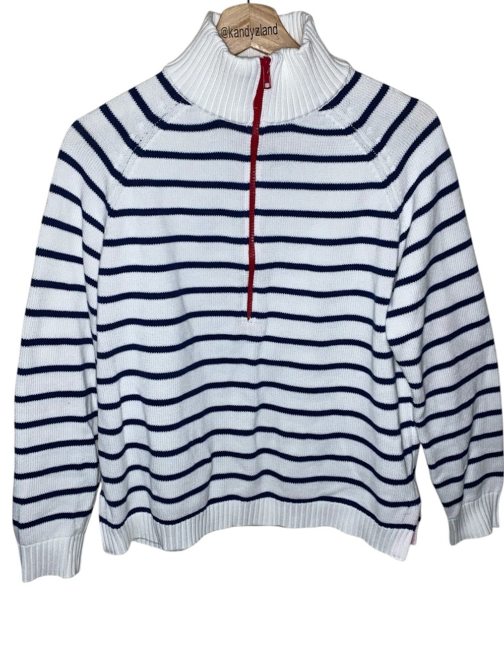 PINK PINEAPPLE 1/2 Zip Striped Cotton Sweater In White/Navy With Hearts on Elbow - Picture 2 of 5
